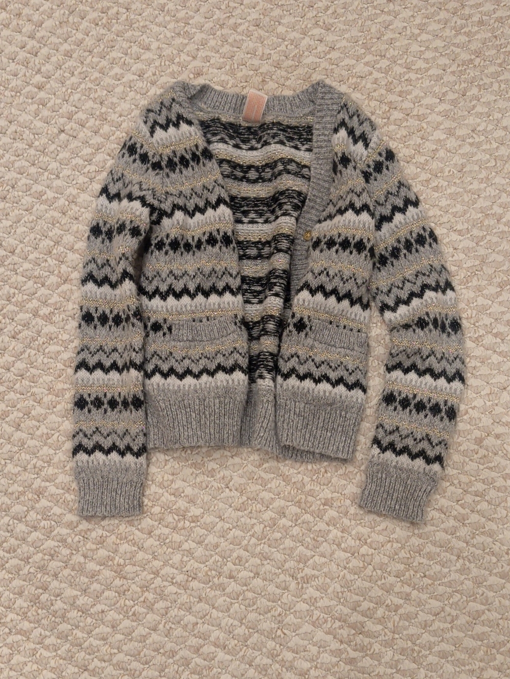 Cozy Gray Patterned Knit Cardigan Sweater with Black, Gold, and Cream Accents